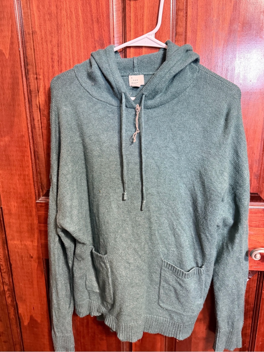 A New Day Women’s L Teal Green Hooded Knit Pullover Sweat